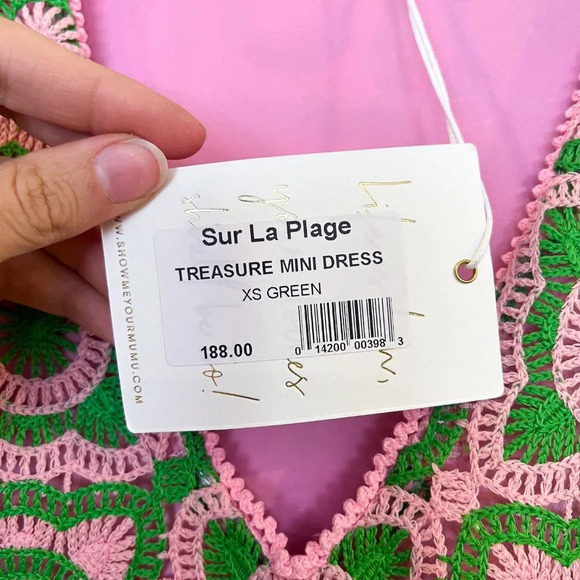 Show Me Your Mumu Treasure Green Pink Crochet Bell Sleeve Mini Dress XS NWT - Picture 9 of 11
